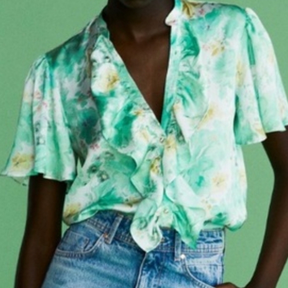 Zara Tops - Zara Green Floral Silky Button Front Ruffle Blouse